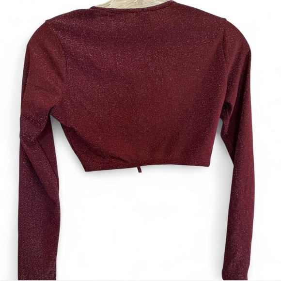 Savage X Fenty Sleep and Shine  Shimmering Burgundy Ruched Crop Top Long Sleeve - Picture 5 of 6